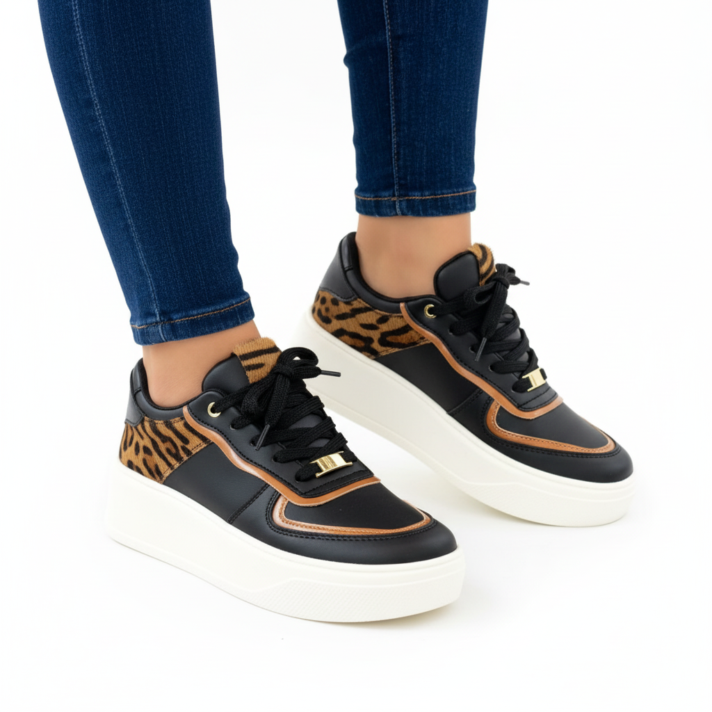 Women's Leopard Print Sneaker - Front View with Thick Platform Sole
